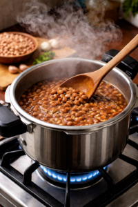 Feijão cozinhando em uma panela no fogão a gás