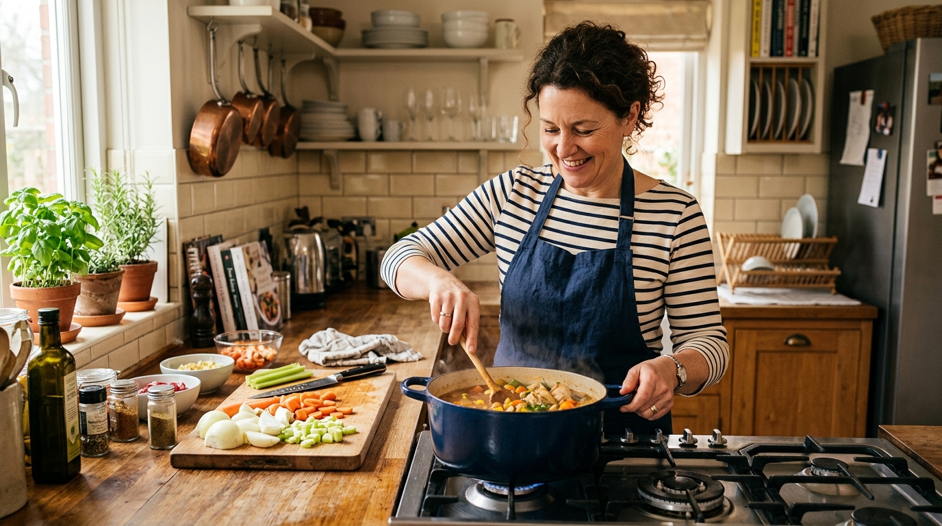 Mulher cozinhando em uma cozinha com armários usando fogão a gás para preparar refeição