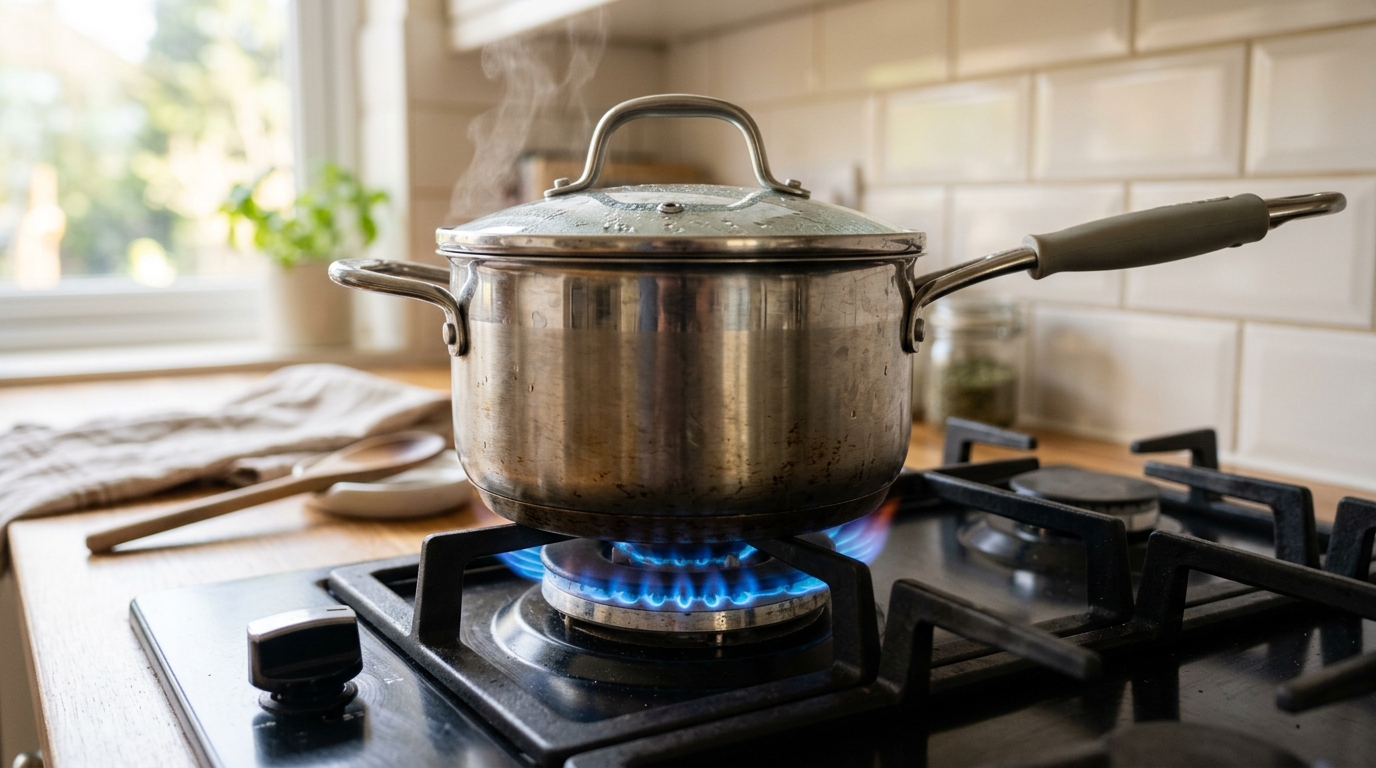 Panela em cima em uma de uma boca de fogão ligado em uma cozinha