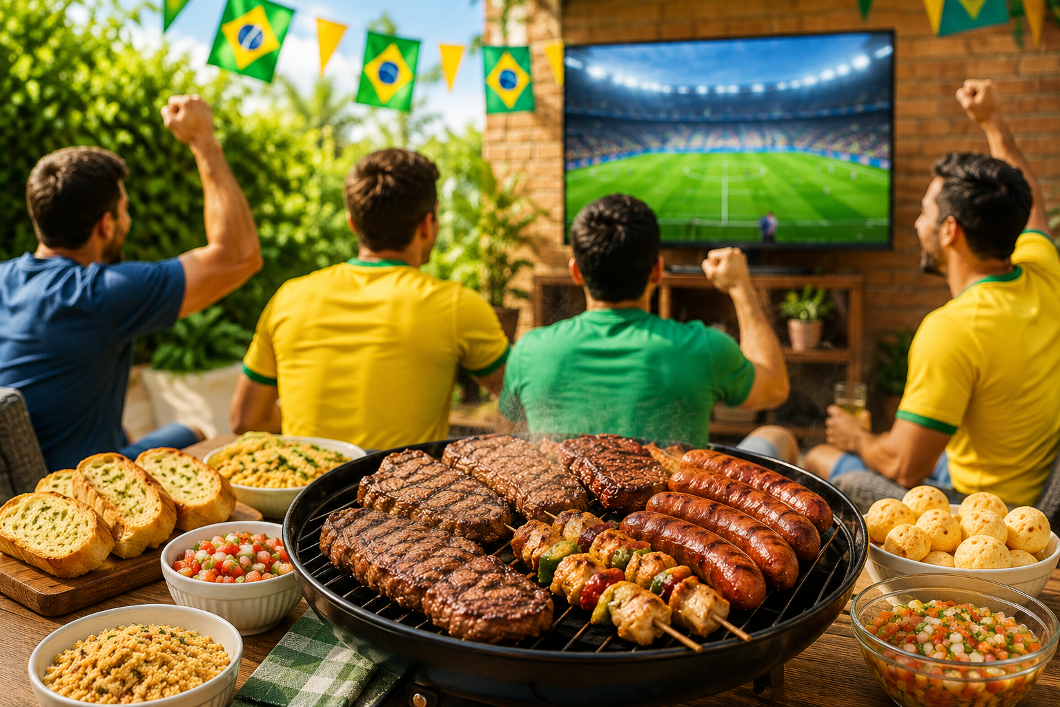 Homens assistindo ao jogo em uma sala com uma mesa de churrasco com carnes, pães e salada
