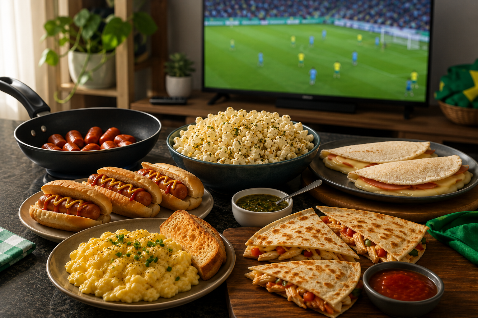 Sala de casa com uma mesa com cachorro quente, pipoca, tapioca e o jogo do Brasil na TV