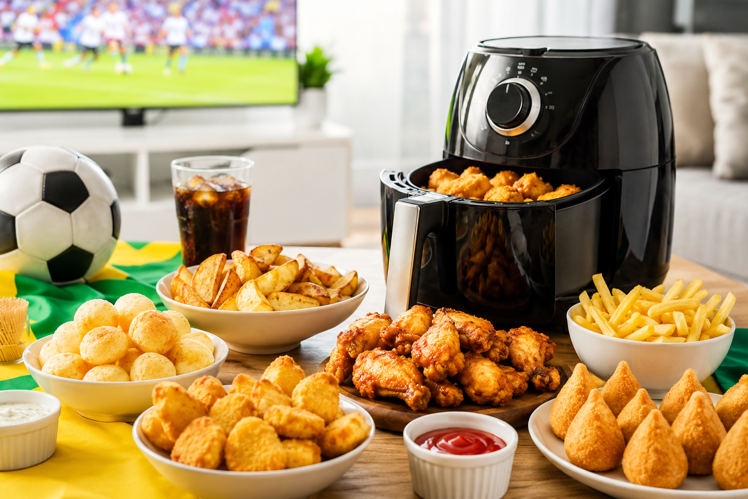 Mesa com uma air fryer, coca-cola, batata frita, frango frito, pão de queijo e coxinha