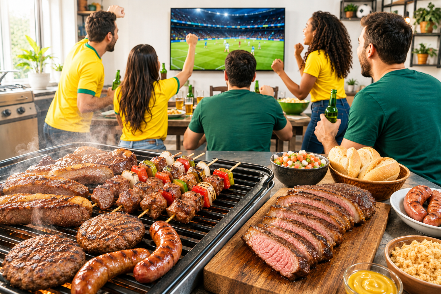 Pessoas assistindo jogo da Copa do Mundo em uma sala com um churrasco ao fundo com carne, pão, vinagrete e linguiça
