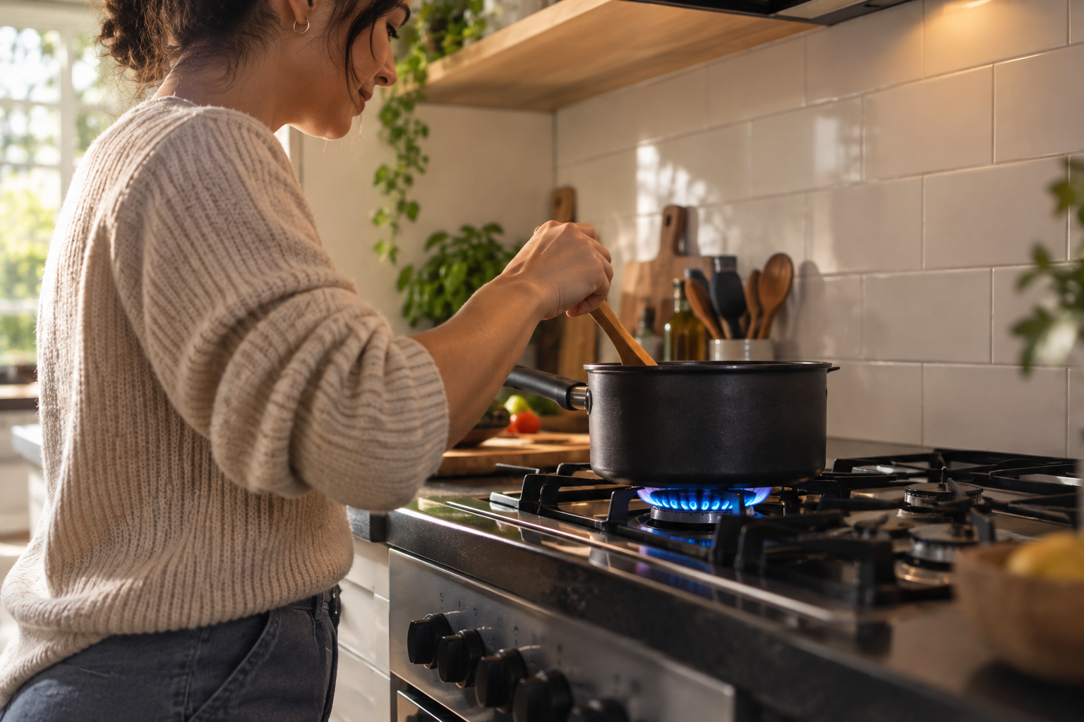 Mulher cozinhando em uma cozinha usando fogão a gas
