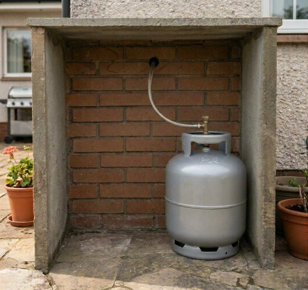 Botijao de gas na area externa de casa ao lado do jardim